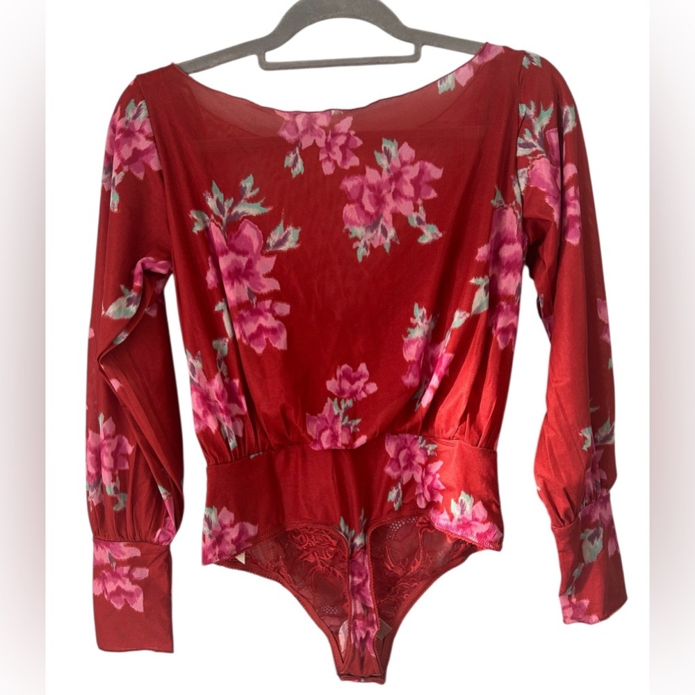 Free People Womens Size Small Bodysuit Cherry Red Printed Floral lace lined NWT - Picture 5 of 15